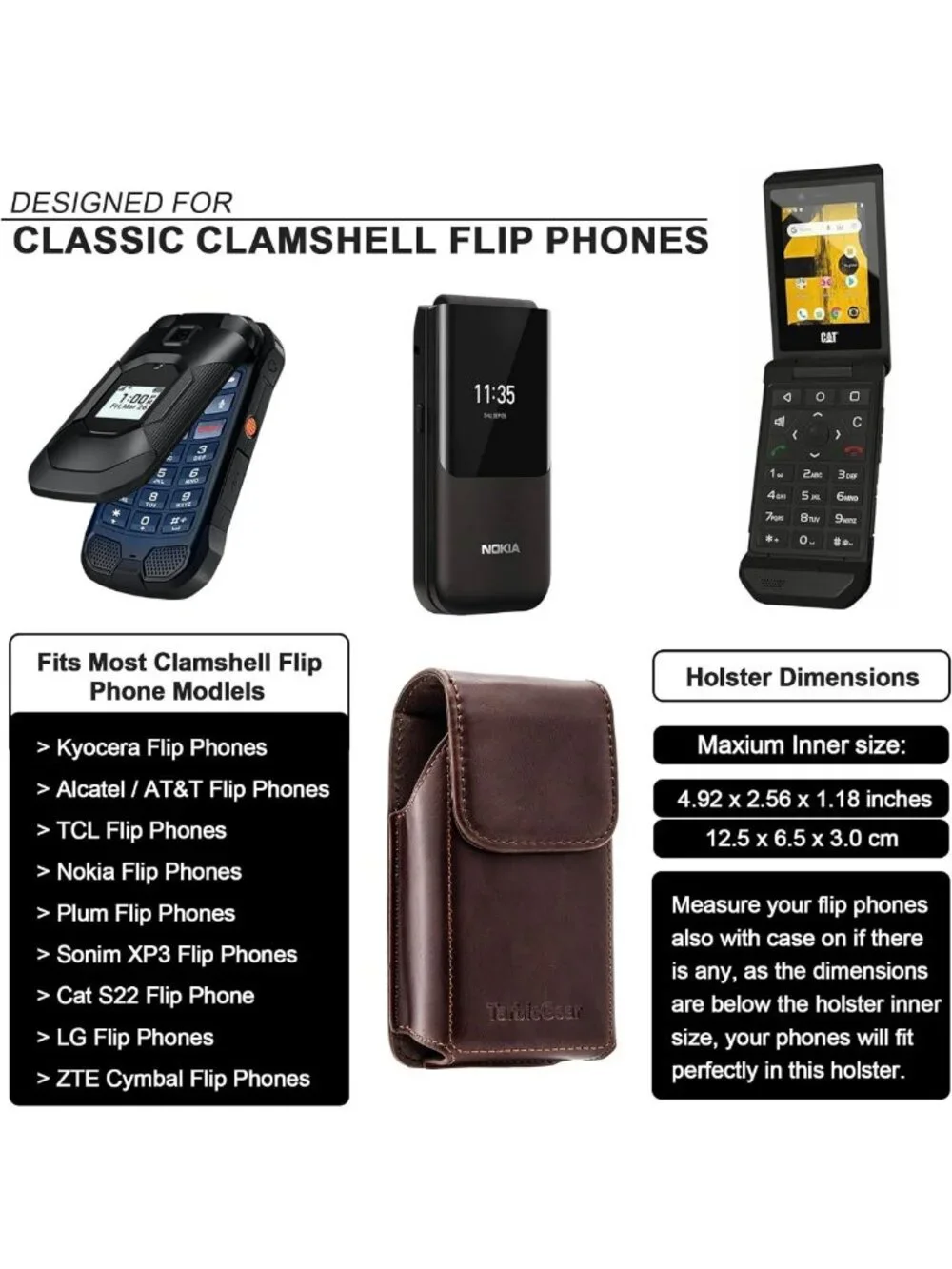 Stylish Leather Flip Phone Case with Belt Clip Pouch for Kyocera, TCL, Nokia